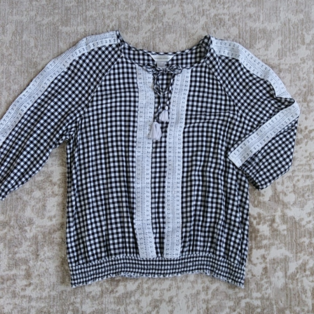 Christopher & Banks Gingham Lace Crochet Tassel Key Hole Top L Black White Check